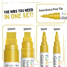 Funcils 5 Acrylic Gold Paint Pen Metallic - Gold Marker Metallic Paint for Wood, Fabric, Canvas, Leaf, Tire, Metal, Glass - Permanent Pen Fine Tip, Thin Point & Jumbo (1mm, 3mm, 6mm, 10mm, 15mm)