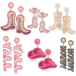 Junkin 6 Pairs Beaded Cowboy Earrings for Women Rhinestone Beads Boot Hat Drop Dangle Earrings Western Earrings(Cool)