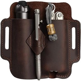 VIPERADE PJ19 Leather EDC Leather Sheath Bag Organiser Leather Tactical Multitool Holder Leather Bag with Key Ring Belt Loop Pen Holder for Torch Tools Outdoor Camping - Brown