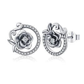 GW Rose Earrings Stud 925 Sterling Silver Brass Rose Flower Stud Cubic Zirconia Jewelry for Women（Silver）