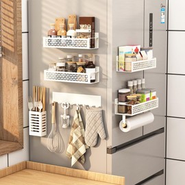 Curtainboro Magnetic Spice Rack for Refrigerator, 4 Pack Spice Shelf, Magnetic Fridge Shelf With Paper Towel Holder for Refrigerator, Microwave, Seasoning Organizer for Kitchen