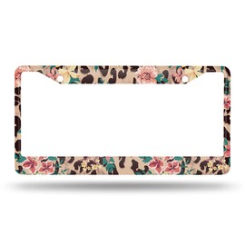 Beabes Vintage Flower and Leopard License Plate Frame Pink Novelty License Plate Frame Beige Hibiscus Hawaii License Plate Car Tag Holder Metal License Plate Frame for US Vehicles Standard