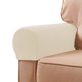 SUBRTEX Stretch Couch Arm Covers Set of 2, Checkered Sofa Arm Slipcovers, Anti-Slip Armrest Covers for Recliner and Armchairs, Pet Proof, High Stretchy, Hook & Loop Tape, Ivory