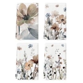 Artoid Mode Brown Poppy Floral Leaves Spring Kitchen Towels Dish Towels, 18x26 Inch Flower Farmhouse Summer Decoration Hand Towels Set of 4