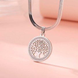Dreamtimes Tree of Life Necklace for Women Stainless Steel Gold Colour Clear Zircon Round Pendant Neck Chains Family Tree Fashion Charm Luxury Jewellery Wedding Gift, Stainless Steel, No Gemstone