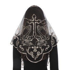 Bozidol Mantilla Catholic Veil Triangle Lace Church Veils for Women Embroidered Holy Cross and Rose Christian Head Covering Black Gold