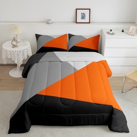 Orange And Gray Comforter Set Queen Patchwork Geometric Triangle Bedding Set Orange Black Light Grey Down Comforter For Kids Adults Modern Simple Abstract Quilt Duvet Insert 2 Pillow Cases