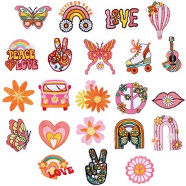 22Pcs Hippie Iron on Patches Groovy Boho Sew on Embroidered Applique Patches Embroidery Repair Decoractive Patches DIY Crafts Sewing Patches Decorations for Clothes Hats Jackets Jeans Backpacks