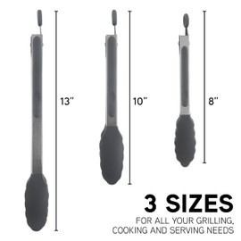 COOK WITH COLOR Stainless Steel Silicone Tipped Kitchen & BBQ Tongs Set, 3 Pc. Tongs, Black