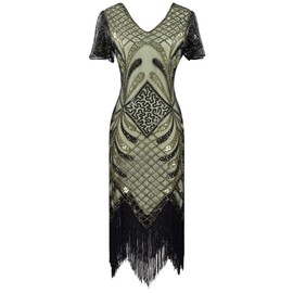 Women's 1920s Gatsby Inspired Sequin Beads Fringe Flapper Cocktail Roarings 20s Dress (8/10, Style Gold)
