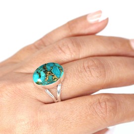 Jeweloporium 925 Silver Ring for Women Size N Copper Blue Turquoise Gemstone Solitaire Silver Ring Thanksgiving Gift Costume Jewelry