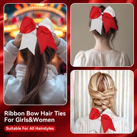AXEN Large Cheerling Bow, 8 inch Cheer Hair Bows with Ponytail Holder for Teen Girls Sports Cheerleader Hair Accessories, Red&White