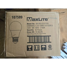 MAXLITE 6A19DLED27/G5 Dimmable LED OMNI A19 Gen 5 6W 2700K-Case of 50-NEW