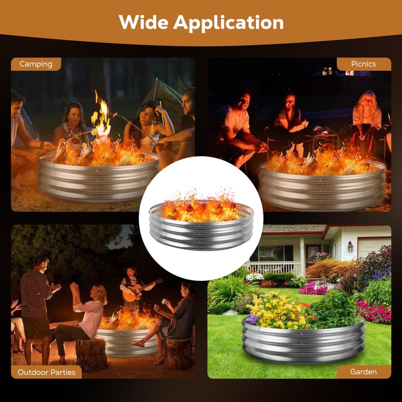 Raynesys 48 Inch Round Galvanized Fire Pit Ring, Silver Round