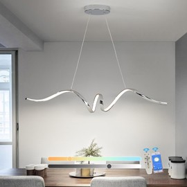 Modern LED Pendant Light, Pendant Lighting for Kitchen Island, 28W Dimmable Chandelier with Remote Control, Wave Shape Chandelier for Dining Rooms Kitchen Island Restaurant, 3000-6000K (Chrome)