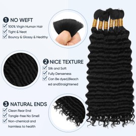 Human Braiding Hair for Boho Braids,150g 16 inch 6 Bundles Deep water Wave Bulk Boho Curly Human Hair for Braiding,Natural Color No Weft 12A Wet and Wavy Human Knotless Braiding Hair Extensions