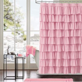 WestWeir Ruffle Shower Curtain,84-inches Extra Long,Pink Ruffled Bath Curtains for Bathroom,Fabric Farmhouse Decor,Soft Touch Decorative Cloth Texture,(72 inch Wide,1 Panel)