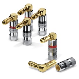 sonero® Bananenstecker 90° gewinkeltes 4er-Set, für alle Lautsprecherkabel mit einem Durchmesser bis max. 6mm², 4 Stück mit umlaufenden Farbring (2x rot, 2x schwarz), 24k vergoldet