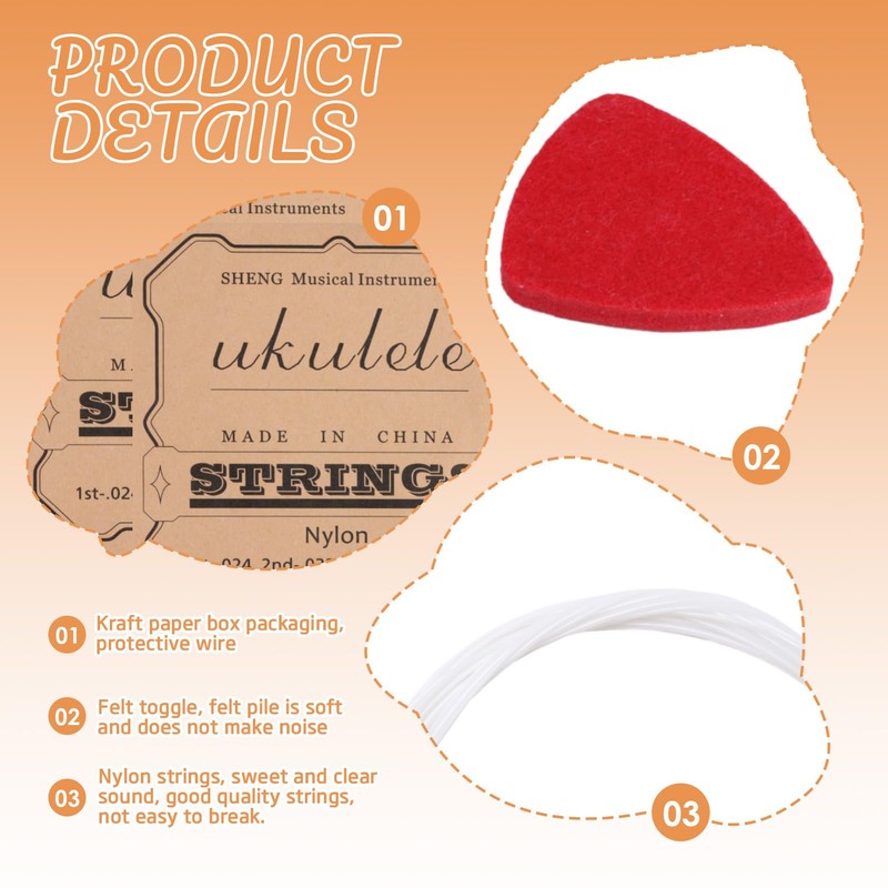 2 Sets Nylon Ukulele Strings with 4 Felt Picks White