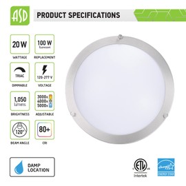 ASD 12 Inch Flush Mount Ceiling Light, 3000/4000/5000K Adjustable, 120-277V, LED Dimmable Close to Ceiling Light Fixture, 20W (160W Equivalent), 1400LM, Brushed Nickel, Energy Star, ETL