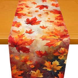 Maple Table Runner, 13x72in Flax Autumn Leaf Table Cover Cloth Wrinkle and Fade Resistant Fall Kitchen Decorations for Dining Room Regular Use Special Events or Gatherings for Holidays Party