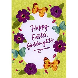 Designer Greetings Purple Flowers, Blue and Yellow Butterflies Bordering White Egg Goddaughter Easter Card