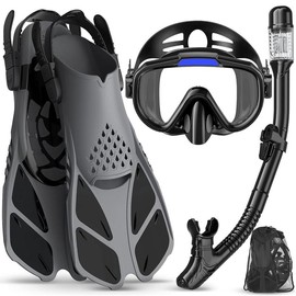 Greatever 4-in-1 Snorkeling Gear for Adults - Complete Snorkel Set with Panoramic View Diving Mask, Anti-Fog & Leak-Proof Design, Dry Top Snorkel, Fins, and Travel Bag - Ideal for Swimming, Snorkeling, and Diving Trips - color: Black, Size: S/M