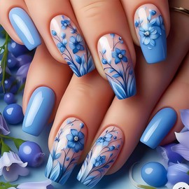 24Pcs Coffin Press on Nails Medium Length Fake Nails Blue Flowers False Nails Cute Spring Full Cover Acrylic Glue on Nails Floral Stick on Nails Reusable Artificial Nails for Women Girls