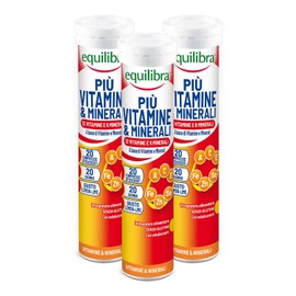 Equilibra Integratori Alimentari, Più Vitamine e Minerali, Integratore Multivitamine con 12 Vitamine e 6 Minerali per Efficienza e Vitalità, Gusto Lemon Lime, 3 Pezzi da 20 Compresse Effervescenti