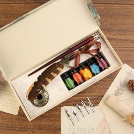 GC QUILL Feather Quill Calligraphy Pen & Wooden Dip Pen and Ink Set, Includes 7 Nibs, 5 Ink Bottles, Pen Holder – Antique Writing Gift Set for Beginners, Artists, and Students - MU-22