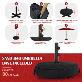 Sundale Outdoor Solar 104 LED 11 ft Patio Umbrella with Sand Bag Umbrella Base, Outdoor Umbrella with Tilt and Crank, Red