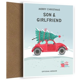 Hey Chimp Son and Girlfriend Christmas Card - Cute Son and Girlfriend Christmas Card | Fun and Festive Car Delivering a Tree, Son and Girlfriend, Christmas Card