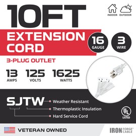 Iron Forge Cable 10ft White Outdoor Extension Cord with 3 Outlets - 16/3 SJTW 10ft Extension Cord 3 Prong, 13 Amp All-Weather Heavy Duty Power Cable