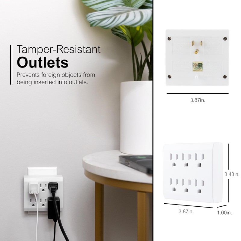 GE 6-Outlet Extender Surge Protector, Tamper-Resistant Safety Outlets, Automatic Shutdown