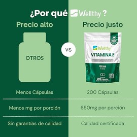 Wellthy Vitamina E 200 Cápsulas. 200mg de Vitamina E por porción, solo una Cápsulas al día, 200 porciones por envase para casi 7 meses de consumo. Bot