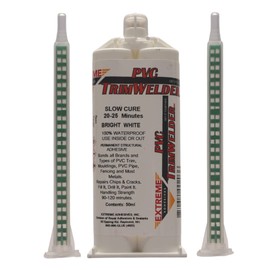 PVC TrimWelder Slow Cure 50 ML Cartridge and 2 Included Qwik Mixers, Will not Foam, Run or Drip, Ready in 90 to 120 Minutes, Medium Viscosity and Solvent-Free White