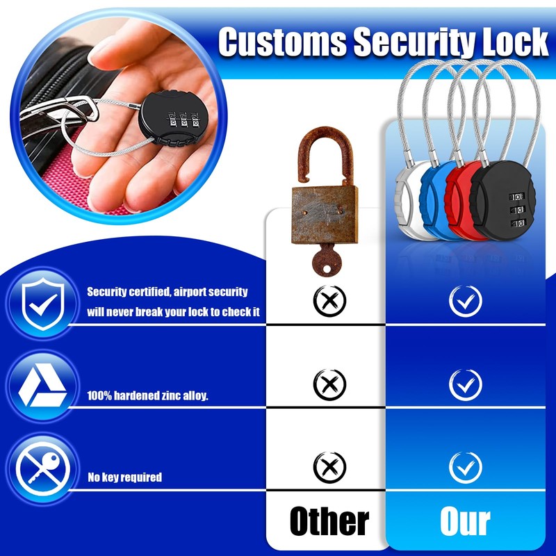 Mini Code Lock, 4 Pcs Wire Rope Lock, Wire Rope