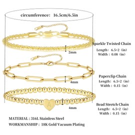 Dainty Gold Initial Bracelets for Women Gold Charm Letter L Stretch Beaded Bracelet 18K Gold Plated Stack Paperclip Link Chain Bracelet Set Sparkle Twist Rope Alphabet Bracelet Gifts for Women (L)