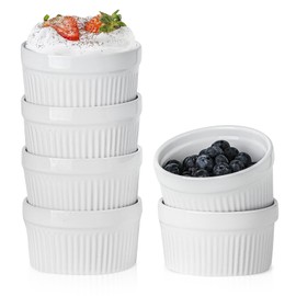 Hasense Ceramic Ramekins, 8 oz Creme Brulee Ramekins Set of 6, Porcelain Souffle Cups for Pudding, Dipping Sauce, Ice Cream, Custard, Ceramic Baking Dish, Dishwashing Safe, White