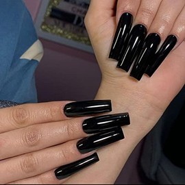 IMSOHOT Extra Long Square Press on Nails Glossy Squoval Black Fake Nails Solid Color False Nails Full Cover Glue on Nails for Women and Girls