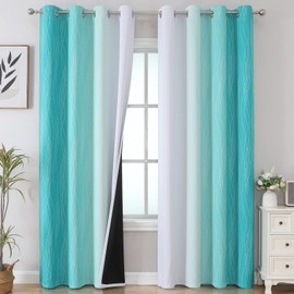 Estelar Textiler Full Room Darkening Greyish White and Teal Blackout Curtains 96 Inch Length 2 Panels Set, Ombre Thermal Insulated Full Light Blocking Grommet Gray Blackout Drapes for Bedroom, 52Wx96L