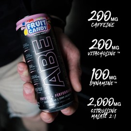 ABE Energy + Performance Sugar Free Energy Drink - All Black Everything Drink With Caffeine, VitaCholine, Dynamine, Citrulline Malate (11oz Can - Pack of 12) (Fruit Candy)