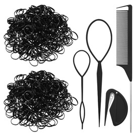 Pack of 2000 Black Small Hair Bobbles Mini Elastic Hair Band with Accessories: Hair Tail Tools, Handle Comb for Girls Lady Doll Hair Styling