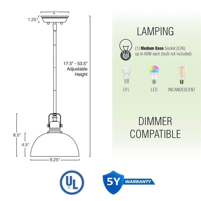 Kira Home Belle 9" Modern Industrial Pendant Light, Adjustable Length
