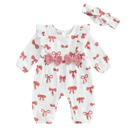 Infant Baby Girls Rompers Newborn Baby Girls' Bodysuit Long Sleeve Bow Print Ruffles Bodysuits Full Length Jumpsuit and Headband Sets 2Pcs Clothes Outfit for Baby Girl (White, 0-1 Months)