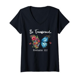 Womens Be Transformed Romans 12:2 Butterfly Christian Bible Verse V-Neck T-Shirt