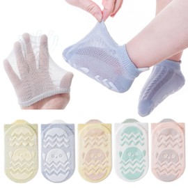 5 Pairs Toddler Non Slip Socks with Grips Unisex Baby Mesh Summer Cotton Ankle Socks for Kids Girls Boys Gifts