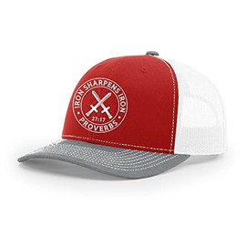Trenz Shirt Company Christian Iron Sharpens Iron Proverbs 27:17 Men's Embroidered Mesh Back Trucker Hat (Red/Heather Grey/White)