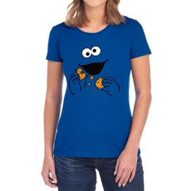 Sesame Street Cookie Monster Om Nom Face Women's T Shirt, Royal, X-Large