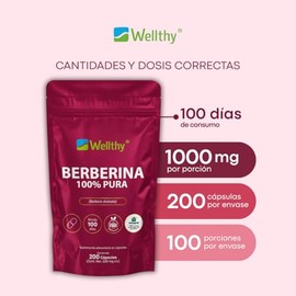 Wellthy Berberina Pura 200 Cápsulas. 100% Berberis Aristata, 500mg c/u, mas de 3 meses de consumo, VCaps Cápsulas Veganas, Bottle Free.